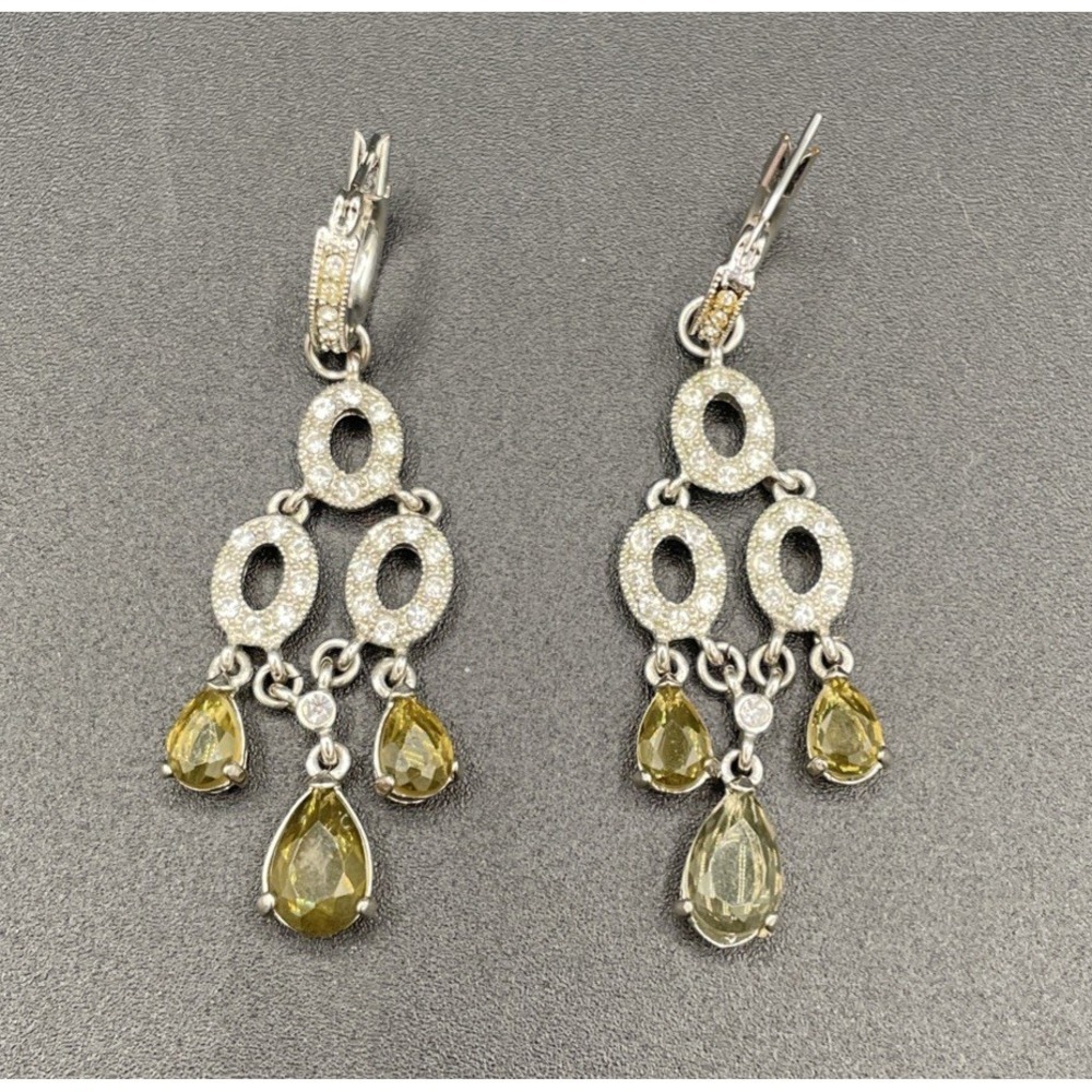 Vtg Signed Monet Chandelier Prong Set Crystals Dangle Pierced Earrings 2" Drop